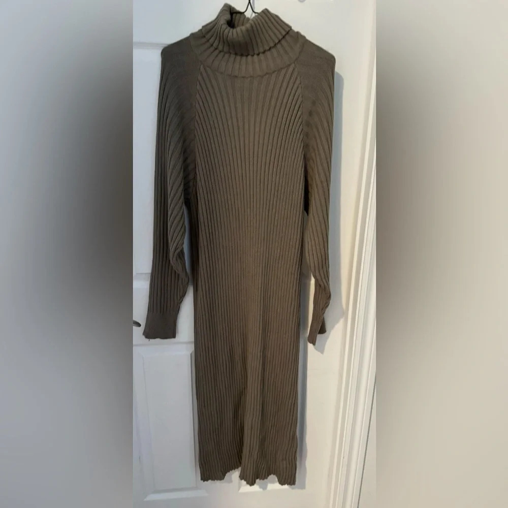 YAS mavi midi turtleneck sweater dress ribbed brown fungi office street party L
